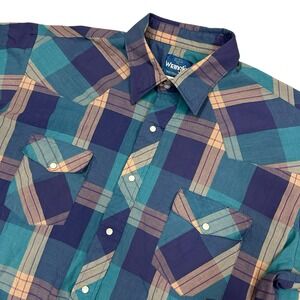 Vintage Wrangler Western Shirt Mens XL 17 17-.5 Pearl Snap Cowboy Plaid Colorful